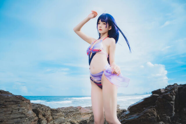 桜桃喵泳装雷电将军cos作品赏析|海岸之上永恒也有夏日形态
